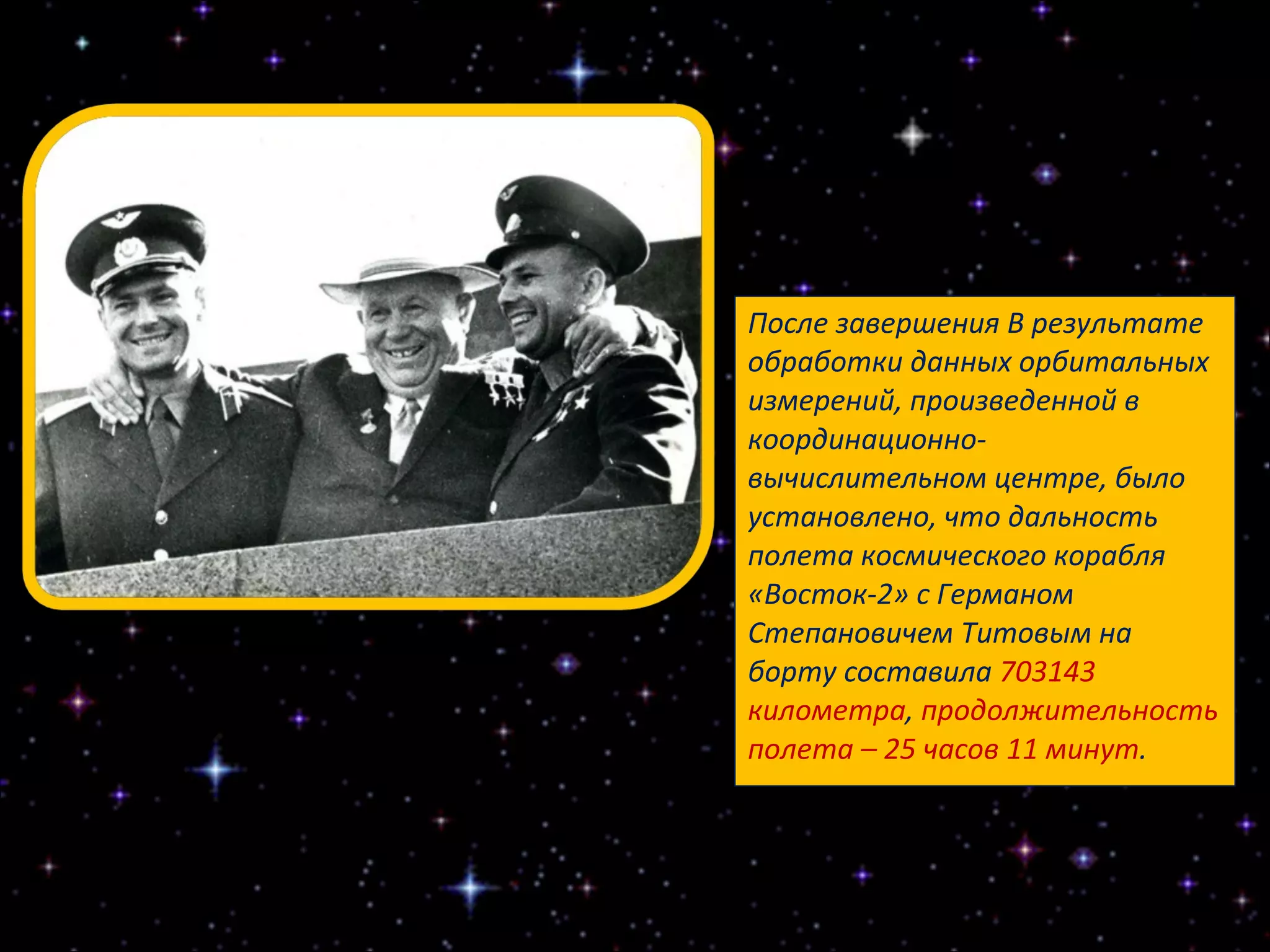 После завершения В результате обработки данных орбитальных измерений, произведенной в координационно-вычислительном центре, было установлено, что дальность полета космического корабля «Восток-2» с Германом Степановичем Титовым на борту составила  703143 километра ,  продолжительность полета – 25 часов 11 минут . 