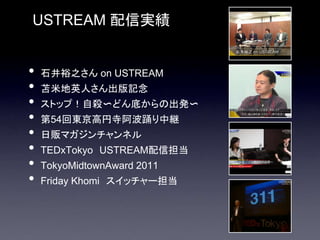 USTREAM 配信実績


•   石井裕之さん on USTREAM
•   苫米地英人さん出版記念
•   ストップ！自殺〜どん底からの出発〜
•   第54回東京高円寺阿波踊り中継
•   日販マガジンチャンネル
•   TEDxTokyo USTREAM配信担当
•   TokyoMidtownAward 2011
•   Friday Khomi スイッチャー担当
 
