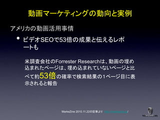 動画マーケティングの動向と実例
アメリカの動画活用事情
 •   ビデオSEOで53倍の成果と伝えるレポ
     ートも

     米調査会社のForrester Researchは、動画の埋め
     込まれたページは、埋め込まれていないページと比
     べて約53倍の確率で検索結果の１ページ目に表
     示されると報告




               MarkeZine 2010.11.22の記事より http://markezine.jp/
 