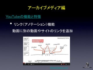 アーカイブメディア編
YouTubeの機能と特徴

 •   リンク＇アノテーション（機能
     動画に別の動画やサイトのリンクを追加




                 BooneOakley.com
 