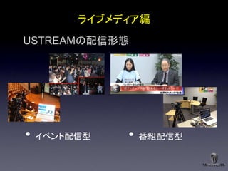 ライブメディア編

USTREAMの配信形態




•   イベント配信型   •   番組配信型
 