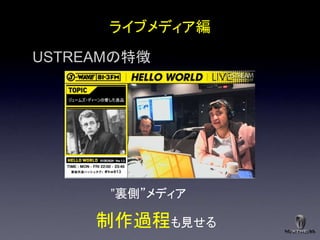 ライブメディア編

USTREAMの特徴




      ”裏側”メディア

     制作過程も見せる
 
