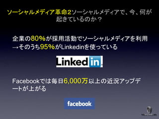 ソーシャルメディア革命２ソーシャルメディアで、今、何が
         起きているのか？


企業の80％が採用活動でソーシャルメディアを利用
→そのうち95％がLinkedinを使っている




Facebookでは毎日6,000万以上の近況アップデ
ートが上がる
 