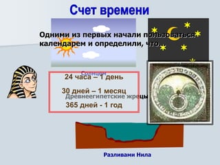 Древнеегипетские жрецы наблюдая за:
Разливами Нила
Солнцем Звездами
Одними из первых начали пользоваться
календарем и определили, что…
24 часа – 1 день
30 дней – 1 месяц
365 дней - 1 год
 