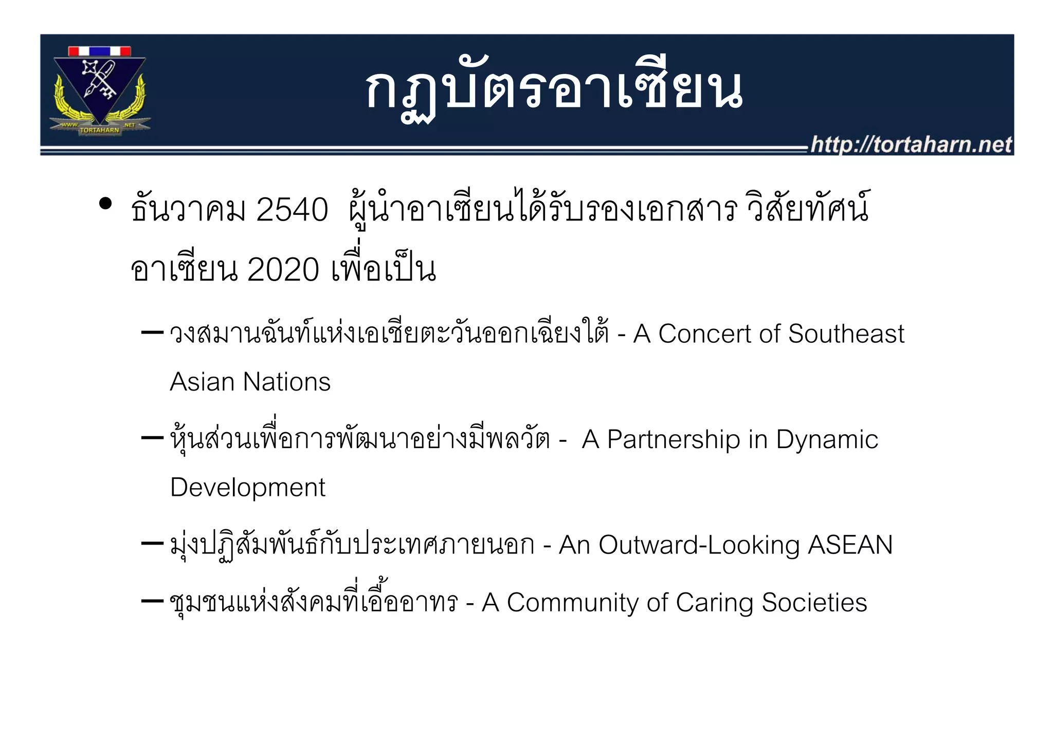 กฏบัตรอาเซียน
                      ฏ
• ธันวาคม 2540 ผ้ นําอาเซยนไดรบรองเอกสาร วสยทศน
  ธนวาคม        ผู าอาเซียนได้ รับรองเอกสาร วิสยทัศน์
                                               ั
  อาเซียน 2020 เพื่อเป็ น
   – วงสมานฉันท์แห่งเอเชียตะวันออกเฉียงใต้ - A Concert of Southeast
     Asian N i
     A i Nations
   – หุ้นส่วนเพื่อการพัฒนาอย่างมีพลวัต - A Partnership in Dynamic
        ุ
     Development
   – ม่งปฏิสมพันธ์กบประเทศภายนอก - An Outward Looking ASEAN
     มุ ปฏสมพนธกบประเทศภายนอก
             ั       ั                    Outward-Looking
   – ชุมชนแห่งสังคมที่เอื ้ออาทร - A Community of Caring Societies
 