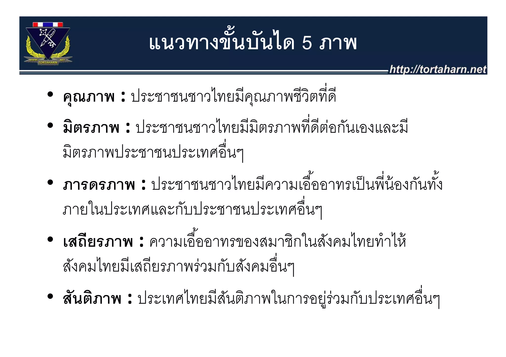 แนวทางขันบันได 5 ภาพ
                        ้
• คณภาพ : ประชาชนชาวไทยมีคณภาพชวตทดี
  คุณภาพ : ประชาชนชาวไทยมคุณภาพชีวิตที่ด
• มิตรภาพ : ประชาชนชาวไทยมีมิตรภาพที่ดีตอกันเองและมี
                                             ่
  มิตรภาพประชาชนประเทศอื่นๆ
• ภารดรภาพ : ประชาชนชาวไทยมีีความเอืืออาทรเป็ นพี่ีน้ องกันทัง้ั
                 ป               ไ         ้   ป็         ั
  ภายในประเทศและกับประชาชนประเทศอื่นๆ
• เสถียรภาพ : ความเอื ้ออาทรของสมาชิกในสังคมไทยทําไห้
  สังคมไทยมีีเสถีียรภาพร่่วมกับสังคมอืื่นๆ
    ั ไ                       ั ั
• สันติภาพ : ประเทศไทยมีสนติภาพในการอย่ร่วมกบประเทศอนๆ
  สนตภาพ : ประเทศไทยมสนตภาพในการอยู วมกับประเทศอื่นๆ
                               ั
 
