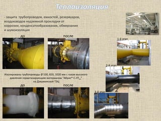 - защита трубопроводов, емкостей, резервуаров,
воздуховодов надземной прокладки от
коррозии, конденсатообразования, обмерзания
и шумоизоляция
до после
Изолированы трубопроводы Ø 530, 820, 1020 мм с газом высокого
давления герметизирующим материалом “Абрис® С-ЛТиз”
на Дзержинской ТЭЦ
до после
2-й этап
3-й этап
1-й этап
 
