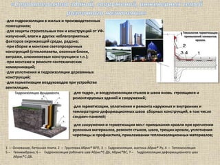 -для гидро-, и воздухоизоляции стыков и швов вновь строящихся и
ремонтируемых зданий и сооружений;
-для герметизации, уплотнения и ремонта наружных и внутренних и
температурно-деформационных швов сборных конструкций, в том числе
сэндвич-панелей;
-для сооружения и герметизации мест примыкания кровли при креплении
рулонных материалов, ремонте стыков, швов, трещин кровли, уплотнения
черепицы и профнастила, приклеивании теплоизоляционных материалов;
1 – Основание, бетонная плита, 2 – Грунтовка Абрис® ВРП, 3 – Гидроизоляция, мастика Абрис® Ру, 4 – Теплоизоляция
5 – Геомембрана, 6 – Гидроизоляция рабочего шва Абрис®С-ДБ, Абрис®ВС, 7 – Гидроизоляция деформационного шва
Абрис®С-ДБ.
Гидроизоляция фундамента
-для гидроизоляции в жилых и производственных
помещениях;
-для защиты строительных пен и конструкций от УФ-
излучений, влаги и других неблагоприятных
факторов окружающей среды, радона;
-при сборке и монтаже светопрозрачных
конструкций (стеклопакеты, оконные блоки,
витражи, алюминиевые конструкции и т.п.);
-при монтаже и ремонте сантехнических
коммуникаций;
-для уплотнения и гидроизоляции деревянных
конструкций;
-для герметизации воздуховодов при устройстве
вентиляции.
Технология герметизации
примыканий элементов
кровли
 