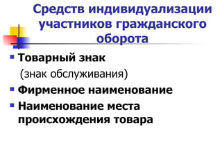 Средств индивидуализации участников гражданского оборота Товарный знак  (знак обслуживания) Фирменное наименование   Наименование места происхождения товара   