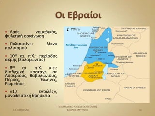  Λαόσ        νομαδικόσ,
φυλετική οργάνωςη
 Παλαιςτίνη:       λίκνο
πολιτιςμοφ
 10οσ αι. π.Χ.: περίοδοσ
ακμήσ (΢ολομϊντασ)
 8οσ   αι.  π.Χ.   κ.ε.:
διαδοχική υποταγή ςε
Αςςφριουσ, Βαβυλϊνιουσ,
Πζρςεσ,         Ζλληνεσ,
Ρωμαίουσ
 «10           εντολζσ»,
μονοθεϊςτική θρηςκεία

                            ΠΕΙΡΑΜΑΣΙΚΟ ΛΤΚΕΙΟ ΕΤΑΓΓΕΛΙΚΗ΢
    Ι.Π. ΑΜΠΕΛΑ΢                  ΢ΧΟΛΗ΢ ΢ΜΤΡΝΗ΢             10
 