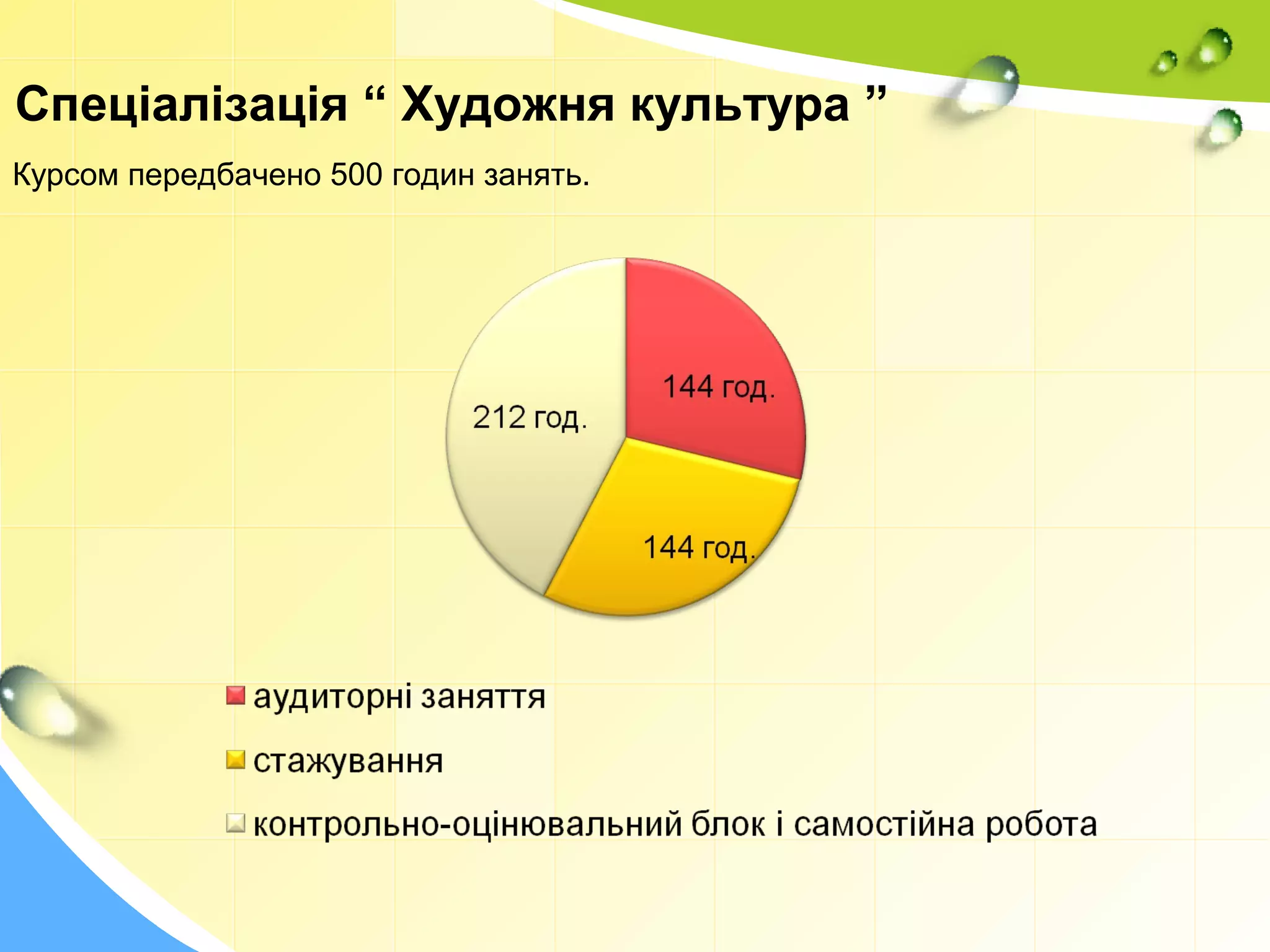 Спеціалізація “ Художня культура ”
Курсом передбачено 500 годин занять.
 