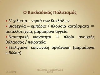  3θ χιλιετία – νθςιά των Κυκλάδων
 Βιοτεχνία – εμπόριο / πλοφςια κοιτάςματα 
μεταλλοτεχνία, μαρμάρινα αγγεία
 Ναυπθγικι ικανότθτα  πλοία ανοιχτισ
κάλαςςασ / πειρατεία
 Εξελιγμζνθ κοινωνικι οργάνωςθ (μαρμάρινα
ειδϊλια)


                ΠΕΙΡΑΜΑΣΙΚΟ ΛΤΚΕΙΟ ΕΤΑΓΓΕΛΙΚΗ΢
Ι.Π. ΑΜΠΕΛΑ΢               ΢ΧΟΛΗ΢                17
 