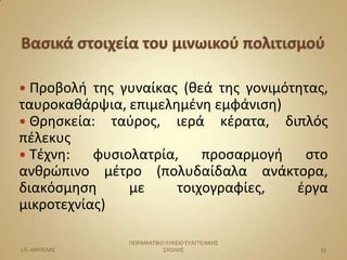  Προβολι  τθσ γυναίκασ (κεά τθσ γονιμότθτασ,
ταυροκακάρψια, επιμελθμζνθ εμφάνιςθ)
 Ιρθςκεία: ταφροσ, ιερά κζρατα, διπλόσ
πζλεκυσ
 Τζχνθ:   φυςιολατρία, προςαρμογι ςτο
ανκρϊπινο μζτρο (πολυδαίδαλα ανάκτορα,
διακόςμθςθ      με     τοιχογραφίεσ,    ζργα
μικροτεχνίασ)

               ΠΕΙΡΑΜΑΣΙΚΟ ΛΤΚΕΙΟ ΕΤΑΓΓΕΛΙΚΗ΢
Ι.Π. ΑΜΠΕΛΑ΢              ΢ΧΟΛΗ΢                33
 