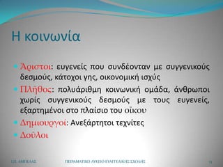 Η κοινωνία
  Ἄριστοι: ευγενείσ που ςυνδζονταν με ςυγγενικοφσ
   δεςμοφσ, κάτοχοι γθσ, οικονομικι ιςχφσ
  Πλῆθος: πολυάρικμθ κοινωνικι ομάδα, άνκρωποι
   χωρίσ ςυγγενικοφσ δεςμοφσ με τουσ ευγενείσ,
   εξαρτθμζνοι ςτο πλαίςιο του οἴκου
  Δημιουργοί: Ανεξάρτθτοι τεχνίτεσ
  Δοῦλοι


Ι.Π. ΑΜΠΕΛΑ΢   ΠΕΙΡΑΜΑΣΙΚΟ ΛΤΚΕΙΟ ΕΤΑΓΓΕΛΙΚΗ΢ ΢ΧΟΛΗ΢   13
 