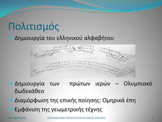 Πολιτιςμόσ
  Δθμιουργία του ελλθνικοφ αλφαβιτου




  Δθμιουργία των            πρϊτων ιερϊν – Ολυμπιακό
   δωδεκάκεο
  Διαμόρφωςθ τθσ επικισ ποίθςθσ: Ομθρικά ζπθ
  Εμφάνιςθ τθσ γεωμετρικισ τζχνθσ
Ι.Π. ΑΜΠΕΛΑ΢   ΠΕΙΡΑΜΑΣΙΚΟ ΛΤΚΕΙΟ ΕΤΑΓΓΕΛΙΚΗ΢ ΢ΧΟΛΗ΢   15
 