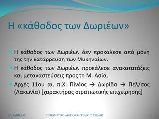 Η «κάκοδοσ των Δωριζων»

  Η κάκοδοσ των Δωριζων δεν προκάλεςε από μόνθ
   τθσ τθν κατάρρευςθ των Μυκθναίων.
  Η κάκοδοσ των Δωριζων προκάλεςε ανακατατάξεισ
   και μεταναςτεφςεισ προσ τθ Μ. Αςία.
  Αρχζσ 11ου αι. π.Χ: Πίνδοσ → Δωρίδα → Πελ/ςοσ
   (Λακωνία) *χαρακτιρασ ςτρατιωτικισ επιχείρθςθσ+


Ι.Π. ΑΜΠΕΛΑ΢   ΠΕΙΡΑΜΑΣΙΚΟ ΛΤΚΕΙΟ ΕΤΑΓΓΕΛΙΚΗ΢ ΢ΧΟΛΗ΢   5
 