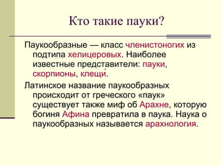 Кто такие пауки? <ul><li>Паукообразные — класс  членистоногих  из подтипа  хелицеровых . Наиболее известные представители:...
