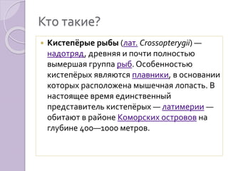 Кто такие?
 Кистепёрые рыбы (лат. Crossopterygii) —
надотряд, древняя и почти полностью
вымершая группа рыб. Особенностью...