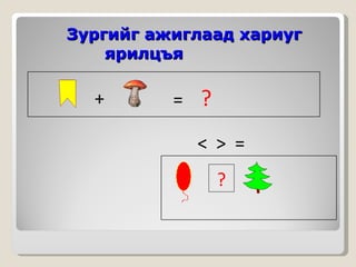 Зургийг ажиглаад хариуг    ярилцъя + =  ? ? <  >  = 