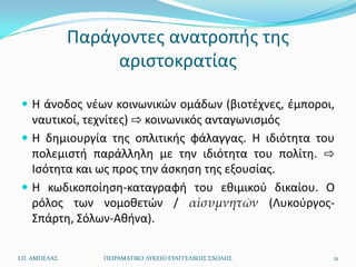Παράγοντεσ ανατροπισ τθσ
                    αριςτοκρατίασ

  Η άνοδοσ νζων κοινωνικϊν ομάδων (βιοτζχνεσ, ζμποροι,
   ναυτικοί, τεχνίτεσ) ⇨ κοινωνικόσ ανταγωνιςμόσ
  Η δθμιουργία τθσ οπλιτικισ φάλαγγασ. Η ιδιότθτα του
   πολεμιςτι παράλλθλθ με τθν ιδιότθτα του πολίτθ. ⇨
   Ιςότθτα και ωσ προσ τθν άςκθςθ τθσ εξουςίασ.
  Η κωδικοποίθςθ-καταγραφι του εκιμικοφ δικαίου. Ο
   ρόλοσ των νομοκετϊν / αἰσυμνητῶν (Λυκοφργοσ-
   Σπάρτθ, Σόλων-Ακινα).

Ι.Π. ΑΜΠΕΛΑ΢      ΠΕΙΡΑΜΑΣΙΚΟ ΛΤΚΕΙΟ ΕΤΑΓΓΕΛΙΚΗ΢ ΢ΧΟΛΗ΢   21
 