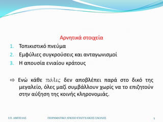 Αρνθτικά ςτοιχεία
 1. Τοπικιςτικό πνεφμα
 2. Εμφφλιεσ ςυγκροφςεισ και ανταγωνιςμοί
 3. Η απουςία ενιαίου κράτουσ


 ⇨ Ενϊ κάκε πόλις δεν αποβλζπει παρά ςτο δικό τθσ
   μεγαλείο, όλεσ μαηί ςυμβάλλουν χωρίσ να το επιηθτοφν
   ςτθν αφξθςθ τθσ κοινισ κλθρονομιάσ.


Ι.Π. ΑΜΠΕΛΑ΢   ΠΕΙΡΑΜΑΣΙΚΟ ΛΤΚΕΙΟ ΕΤΑΓΓΕΛΙΚΗ΢ ΢ΧΟΛΗ΢      5
 