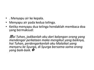 • . Menyapu air ke kepala.
• Menyapu air pada kedua telinga.
• Ketika menyapu dua telinga hendaklah membaca doa
  yang bermaksud:
  揌ai Tuhan, jadikanlah aku dari kalangan orang yang
  mendengar perkataan maka mengikut yang baiknya,
  hai Tuhan, perdengarkanlah aku Malaikat yang
  menyeru ke Syurga, di Syurga bersama-sama orang
  yang baik-baik.�
 