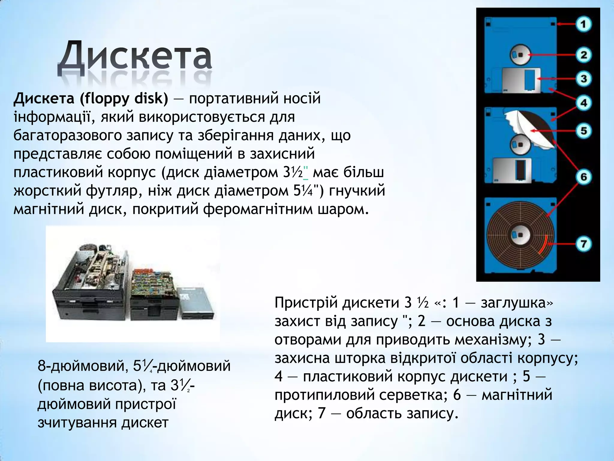 Дискета (floppy disk) — портативний носій
інформації, який використовується для
багаторазового запису та зберігання даних, що
представляє собою поміщений в захисний
пластиковий корпус (диск діаметром 3½" має більш
жорсткий футляр, ніж диск діаметром 5¼") гнучкий
магнітний диск, покритий феромагнітним шаром.




                                 Пристрій дискети 3 ½ «: 1 — заглушка»
                                 захист від запису "; 2 — основа диска з
                                 отворами для приводить механізму; 3 —
                                 захисна шторка відкритої області корпусу;
   8-дюймовий, 51⁄ -дюймовий
                                 4 — пластиковий корпус дискети ; 5 —
                 4


   (повна висота), та 31⁄ -
                      2
                                 протипиловий серветка; 6 — магнітний
   дюймовий пристрої
                                 диск; 7 — область запису.
   зчитування дискет
 