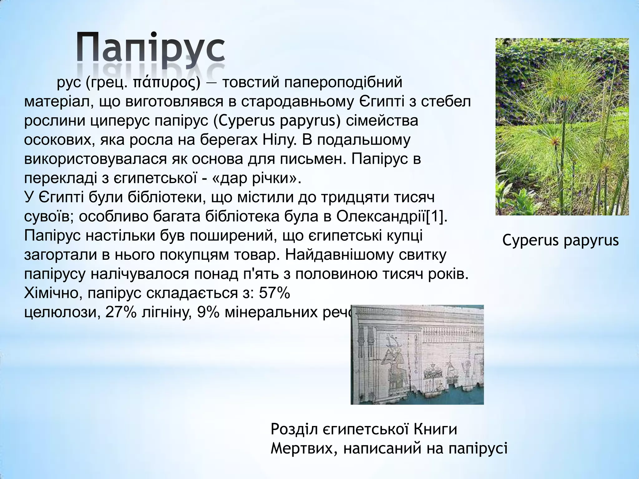 рус (грец. πάπυρος) — товстий папероподібний
матеріал, що виготовлявся в стародавньому Єгипті з стебел
рослини циперус папірус (Cyperus papyrus) сімейства
осокових, яка росла на берегах Нілу. В подальшому
використовувалася як основа для письмен. Папірус в
перекладі з єгипетської - «дар річки».
У Єгипті були бібліотеки, що містили до тридцяти тисяч
сувоїв; особливо багата бібліотека була в Олександрії[1].
Папірус настільки був поширений, що єгипетські купці         Cyperus papyrus
загортали в нього покупцям товар. Найдавнішому свитку
папірусу налічувалося понад п'ять з половиною тисяч років.
Хімічно, папірус складається з: 57%
целюлози, 27% ​лігніну, 9% мінеральних речовин, а 7% води.




                               Розділ єгипетської Книги
                               Мертвих, написаний на папірусі
 
