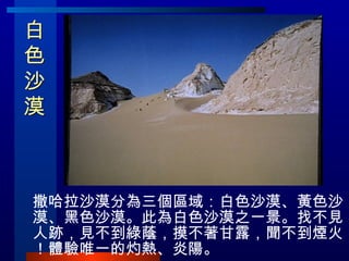 白 色 沙 漠  撒哈拉沙漠分為三個區域：白色沙漠、黃色沙漠、黑色沙漠。此為白色沙漠之一景。找不見人跡，見不到綠蔭，摸不著甘露，聞不到煙火！體驗唯一的灼熱、炎陽。 