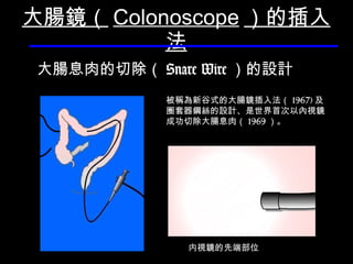 大腸鏡（ Colonoscope ） 的插 入法 被稱為 新谷式 的大腸鏡插入法 （ 1967) 及 圈套器鋼絲的設計 、 是世界首次以內視鏡 成功切除大腸息肉 （ 1969 ）。 内視鏡的先端部位 大腸 息肉的 切除（ Snare Wire ） 的設計 