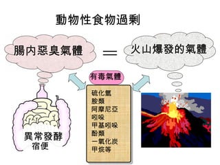 動物 性 食 物 過剰　　 宿 便 腸内 惡 臭 氣體 火山 爆發的氣體 硫化 氫 胺類 阿摩尼亞 吲哚 甲基吲哚 酚類 一 氧 化炭 甲烷等 有毒 氣體 異常 發 酵 