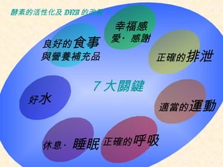 酵素 的 活性化 及 DNA 的 改善 愛・感謝 ７ 大關鍵 良好的 食事 與營養補充品 休息・ 睡眠 正 確的 呼吸 適當的 運動 好 水 正 確的 排泄 　 幸福感 
