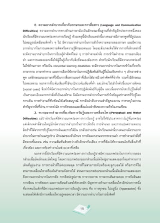 2. ความยากลำบากเกี่ยวกับภาษาและการสื่อสาร (Language and Communication
Difficulties) ความยากลำบากทางด้านภาษานับเป็นลักษณะพื้นฐานที่สำคัญอีกประการหนึ่งของ
นักเรียนที่มีความบกพร่องทางการเรียนรู้
 ด้วยเหตุนี้นักเรียนเหล่านี้บางคนอาจมีภาษาพูดที่มีรูปแบบ
ไม่สมบูรณ์เหมือนเด็กทั่ว
 ๆ
 ไป
 มีความยากลำบากในการเข้าใจความหมายของภาษา
 และมีความ
ยากลำบากในการแสดงความคิดหรือความรู้สึกของตนเอง
 โดยจะสังเกตเห็นได้จากการที่เด็กเหล่านี้
จะมีความยากลำบากในการเรียนรู้คำศัพท์ใหม่
 ๆ
 การทำตามคำสั่ง
 การเข้าใจคำถาม
 การออกเสียง
คำ
 และการแสดงออกเพื่อให้ผู้อื่นรู้เกี่ยวกับสิ่งที่ตนเองต้องการ
 สำหรับนักเรียนที่มีความบกพร่องที่
ไม่ใช่ด้านภาษา
หรือเป็น
nonverbal
learning
disabilities
จะมีความยากลำบากในการเข้าใจเกี่ยวกับ
ภาษากาย
ภาษาท่าทาง
และการเลือกใช้ภาษาในการปฏิสัมพันธ์กับผู้อื่นในบริบทต่าง
ๆ
เด็กอาจช่าง
พูด
แต่ลักษณะของภาษาที่ใช้ในการสื่อสารและคำที่เลือกใช้อาจมีวงคำศัพท์ที่จำกัด
รวมทั้งมีลักษณะ
ไม่สละสลวย
 นอกจากนี้ระดับเสียงที่ใช้จะเป็นระดับเสียงที่ต่ำ
 และมักจะไม่เข้าใจตัวชี้แนะทางสังคม
                 
(social
 cues)
 จึงทำให้มีความยากลำบากในการปฏิสัมพันธ์กับผู้อื่น
 และเนื่องจากมักจะรับรู้ในสิ่งที่
เป็นรายละเอียดมากกว่าสิ่งที่เป็นองค์รวม
 จึงมีความยากลำบากในการเข้าใจข้อมูลข่าวสารที่รับรู้โดย
การเห็น
 การทำงานที่ซับซ้อนให้เสร็จสมบูรณ์
 การจัดลำดับความสำคัญของงาน
 การระบุใจความ
สำคัญจากสิ่งที่อ่าน
การจดโน้ต
การจัดระบบและเชื่อมโยงลำดับของความคิดในงานเขียน

                3. ความยากลำบากเกี่ยวกับการรับรู้และการเคลื่อนไหว(Perceptual and Motor
Difficulties)
 แม้ว่านักเรียนที่มีความบกพร่องทางการเรียนรู้
 อาจไม่ได้มีประสาทการรับรู้ที่บกพร่อง
แต่เด็กเหล่านี้ส่วนใหญ่มักมีความยากลำบากในการระลึกถึง
 การจำแนก
 และการแปลความหมาย
                                
สิ่งเร้าที่ได้จากการรับรู้โดยการเห็นและการได้ยิน
ยกตัวอย่างเช่น
นักเรียนเหล่านี้บางคนอาจมีความยาก
ลำบากในการจำแนกรูปร่าง
ลักษณะของตัวอักษร
การคัดลอกงานจากกระดานดำ
การทำตามคำสั่งที่
มีหลายขั้นตอน
 เช่น
 ความสัมพันธ์ระหว่างตัวอักษรกับเสียง
 การที่ต้องให้ความสนใจกับสิ่งเร้าที่
เกี่ยวข้อง
และการต้องทำงานในช่วงเวลาที่เหลือ

                นอกจากนี้นักเรียนที่มีความบกพร่องทางการเรียนรู้อาจมีความบกพร่องในการทำงานของ
กล้ามเนื้อมัดเล็กและมัดใหญ่
 โดยความบกพร่องของกล้ามเนื้อมัดใหญ่อาจแสดงออกโดยท่าทางการ
เดิ น ที่ ดู งุ่ มง่าม
 การทรงตัวที่ไม่ค่อยสมดุ ล
 การที่ ไ ม่ ส ามารถจั บ หรื อ เตะลู ก บอลได้
 หรื อ การที่ ไ ม่
สามารถเคลื่อนไหวหรือเต้นรำตามจังหวะได้
 ส่วนความบกพร่องของกล้ามเนื้อมัดเล็กอาจแสดงออก
ถึงความยากลำบากในการตัด
 การติดปะรูปภาพ
 การวาดภาพ
 การลากเส้นตามรอย
 การจับดินสอ
การเขียน
การคัดลอก
และการเขียนตัวเลขให้ตรงหลัก
ปัญหาทางด้านการเคลื่อนไหวอีกประการหนึ่ง
ที่อาจพบในเด็กที่มีความบกพร่องทางการเรียนรู้บางคน
 คือ
 การซุกซน
 ไม่อยู่นิ่ง
 (hyperactive)
 ซึ่ง
จะส่งผลให้เด็กมีการเคลื่อนไหวอยู่ตลอดเวลา
มีความยากลำบากในการนั่งติดที่


                                                       15
 