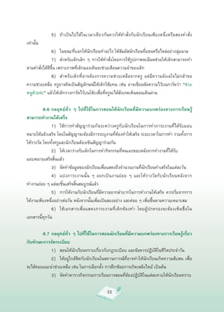 5)
 ถ้าเป็นไปได้ในเวลาเดียวกันควรให้คำสั่งกับนักเรียนเพียงหนึ่งหรือสองคำสั่ง
เท่านั้น

         
 6)
 ในขณะที่บอกให้นักเรียนทำอะไร
ให้สัมผัสนักเรียนที่แขนหรือไหล่อย่างนุ่มนวล

         
 7)
 สำหรับเด็กเล็ก
 ๆ
 การให้คำสั่งโดยการใช้รูปภาพจะมีผลช่วยให้เด็กสามารถทำ
ตามคำสั่งได้ดีขึ้น
เพราะภาพที่เด็กมองเห็นจะช่วยเตือนความจำของเด็ก

         
 8)
 สำหรับเด็กที่อาจต้องการความช่วยเหลือจากครู
 แต่มีความลังเลใจไม่กล้าขอ
ความช่วยเหลือ
 ครูอาจคิดเป็นสัญลักษณ์ให้เด็กใช้แทน
 เช่น
 อาจเขียนข้อความไว้บนการ์ดว่า
 “ช่วย
หนูด้วยค่ะ”
แล้วให้เด็กวางการ์ดไว้บนโต๊ะเพื่อที่ครูจะได้สังเกตเห็นตอนเดินผ่าน

          8.6 กลยุทธ์ทั่ว ๆ ไปที่ใช้ในการสอนให้นักเรียนที่มีความบกพร่องทางการเรียนรู้
สามารถทำงานได้เสร็จ

         
 1)
 ใช้การทำสัญญาร่วมกันระหว่างครูกับนักเรียนในการทำภาระงานที่ได้รับมอบ
หมายให้แล้วเสร็จ
โดยในสัญญาจะต้องมีการระบุงานที่ต้องทำให้เสร็จ
ระยะเวลาในการทำ
รวมทั้งการ
ให้รางวัล
โดยทั้งครูและนักเรียนต้องเซ็นสัญญาร่วมกัน

         
 2)
 ให้เวลาว่างกับเด็กในการทำกิจกรรมที่ตนเองชอบหลังจากทำงานที่ได้รับ
มอบหมายเสร็จสิ้นแล้ว

         
 3)
 จัดทำข้อมูลของนักเรียนเพื่อแสดงถึงจำนวนงานที่นักเรียนทำเสร็จในแต่ละวัน

         
 4)
 แบ่งภาระงานนั้น
 ๆ
 ออกเป็นงานย่อย
 ๆ
 และให้รางวัลกับนักเรียนหลังจาก
ทำงานย่อย
ๆ
แต่ละชิ้นเสร็จสิ้นสมบูรณ์แล้ว

         
 5)
 การให้งานกับนักเรียนที่มีความยากลำบากในการทำงานให้เสร็จ
 ควรเริ่มจากการ
ให้งานเพียงหนึ่งอย่างต่อวัน
หลังจากนั้นเพิ่มเป็นสองอย่าง
และค่อย
ๆ
เพิ่มขึ้นตามความเหมาะสม

         
 6)
 ใช้ เ อกสารเพื่ อ แสดงภาระงานที่ เ ด็ ก ต้ อ งทำ
 โดยผู้ ป กครองจะต้ อ งเซ็ น ชื่ อ ใน
เอกสารนี้ทุกวัน

        8.7 กลยุทธ์ทั่ว ๆ ไปที่ใช้ในการสอนนักเรียนที่มีความบกพร่องทางการเรียนรู้เกี่ยว
กับทักษะการจัดระเบียบ

       
 1)
 สอนให้นักเรียนทราบเกี่ยวกับกฎระเบียบ
และข้อควรปฏิบัติในชีวิตประจำวัน

       
 2)
 ให้อยู่ใกล้ชิดกับนักเรียนในสถานการณ์ที่อาจทำให้นักเรียนเกิดความสับสน
เพื่อ
จะได้คอยแนะนำช่วยเหลือ
เช่น
ในการเลือกตั้ง
การฝึกซ้อมการเกิดเพลิงไหม้
เป็นต้น

       
 3)
 จัดทำตารางกิจกรรมการเรียนการสอนที่ต้องปฏิบัติในแต่ละคาบให้นักเรียนทราบ

                                                 32
 