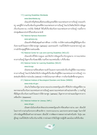17)
Learning
Disabilities
Worldwide


         
 www.ldworldwide.org


          
 เป็นองค์กรที่อุทิศตนเพื่อช่วยเหลือบุคคลที่มีความบกพร่องทางการเรียนรู้
 ครอบครัว
ครู
 และผู้ที่ทำงานเกี่ยวข้องกับบุคคลที่มีความบกพร่องทางการเรียนรู้
 โดยเว็บไซต์จะให้บริการข้อมูล
เกี่ยวกับบทความ
 งานวิจัย
 สิ่งพิมพ์
 วีดิโอที่เกี่ยวข้องกับความบกพร่องทางการเรียนรู้
 รวมทั้งการ
ประชุมสัมมนาประจำปีในระดับนานาชาติ



         18)
National
Aphasia
Association

          
 www.aphasia.org


         
 เป็นองค์กรที่สนับสนุนด้านการศึกษา
การวิจัย
การให้ความช่วยเหลือผู้ที่มีปัญหาเกี่ยว
กับความเข้าใจและการใช้ภาษาพูด
 (aphasia)
 และครอบครัว
 รวมทั้งให้บริการเอกสารความรู้
 และ
การเข้าถึงกลุ่มผู้ที่ให้ความช่วยเหลือ



         19)
National
Center
for
Law
and
Learning
Disabilities
(NCLLD)

          
 เป็ น องค์ ก รที่ ใ ห้ ค วามดู แ ล
 และให้ บ ริ ก ารข้ อ มู ล เกี่ ย วกั บ กฎหมาย
 ความบกพร่ อ ง
ทางการเรียนรู้
ปัญหาเกี่ยวกับสมาธิสั้น
รวมทั้งความบกพร่องอื่น
ๆ
ที่เกี่ยวข้อง



         20)
National
Center
for
Learning
Disabilities
(NCLD)


         
 www.ld.orgs

          
 เป็นหน่วยงานที่ส่งเสริมความเข้าใจและความตระหนักเกี่ยวกับผู้ที่มีความบกพร่อง
ทางการเรียนรู้
 โดยเว็บไซต์จะให้บริการข้อมูลที่เกี่ยวข้องกับผู้ที่มีความบกพร่องทางการเรียนรู้
 การ
ส่งต่อเด็กเพื่อรับการประเมิน
(referral)
การจัดโปรแกรมการศึกษา
การเรียกร้องสิทธิ์ตามกฎหมาย


          21)
National
Institute
of
Neurological
Disorders
and
Stroke
(NINDS)

          
 www.ninds.nih.gov

          
 เป็นเว็บไซต์ของรัฐบาลกลางของประเทศสหรัฐอเมริกาที่ให้บริการข้อมูลที่มีความ
หลากหลายเกี่ยวกับความบกพร่องทางการเรียนรู้
 และความบกพร่องทางด้านประสาทอื่น
ๆ
รวมทั้งผู้
ที่มีปัญหาเกี่ยวกับความเข้าใจและการใช้ภาษาพูด
 (aphasia)
 ปัญหาทางการอ่านและปัญหาทางการ
เคลื่อนไหว
(dyspraxia)



         22)
National
Institute
for
Literacy
(NIFL)


         
 www.nifl.gov

          
 เป็นสถาบันในระดับชาติของประเทศสหรัฐอเมริกาที่ส่งเสริมการอ่าน
 ออก
 เขียนได้
โดยการทำงานร่วมกับกระทรวงศึกษาธิการ
 กระทรวงแรงงาน
 และกระทรวงสาธารณสุข
 ในการให้
บริการข้อมูลที่ดีเยี่ยมด้านการอ่านออก
 เขียนได้
 การพัฒนาการสอนการอ่านสำหรับเด็ก
 วัยรุ่น
 และ
ผู้ใหญ่
รวมทั้งให้บริการเกี่ยวกับงานวิจัย
การนำผลการวิจัยไปสู่การปฏิบัติ
และนโยบายที่เกี่ยวข้อง



                                                    65
 