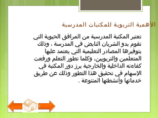 ‫المدرسية‬ ‫للمكتبات‬ ‫التربوية‬ ‫الهمية‬
‫التي‬ ‫الحيوية‬ ‫المرافق‬ ‫من‬ ‫المدرسية‬ ‫المكتبة‬ ‫تعتبر‬
‫وذلك‬ ، ‫المدرسة‬ ‫في‬ ‫النابض‬ ‫الشريان‬ ‫بدو‬ ‫تقوم‬
‫عليها‬ ‫يعتمد‬ ‫التي‬ ‫التعليمية‬ ‫المصادر‬ ‫بتوفيرها‬
‫ورفعت‬ ‫التعلم‬ ‫تطور‬ ‫وكلما‬ ،‫والتربويين‬ ‫المتعلمين‬
‫في‬ ‫المكتبة‬ ‫دور‬ ‫برز‬ ‫والخارجية‬ ‫الداذخلية‬ ‫كفاءته‬
‫طريق‬ ‫عن‬ ‫وذلك‬ ‫التطور‬ ‫هذا‬ ‫تحقيق‬ ‫في‬ ‫السهام‬
‫المتنوعة‬ ‫وأنشطتها‬ ‫ذخدماتها‬.
 