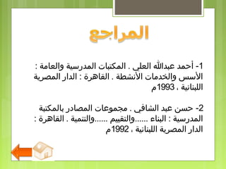 1-‫العلي‬ ‫عبدا‬ ‫أحمد‬.: ‫والعامة‬ ‫المدرسية‬ ‫المكتبات‬
‫المصرية‬ ‫الدار‬ : ‫القاهرة‬ . ‫النشطة‬ ‫والخدمات‬ ‫السس‬
، ‫اللبنانية‬1993‫م‬
2-‫بالمكتبة‬ ‫المصادر‬ ‫مجموعات‬ . ‫الشافي‬ ‫عبد‬ ‫حسن‬
‫البناء‬ : ‫المدرسية‬......: ‫القاهرة‬ . ‫......والتنمية‬ ‫والتقييم‬
، ‫اللبنانية‬ ‫المصرية‬ ‫الدار‬1992‫م‬
 