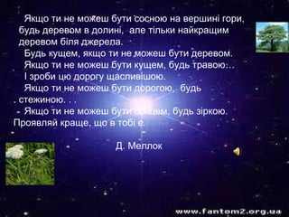 Якщо ти не можеш бути сосною на вершині гори,  будь деревом в долині,  але тільки найкращим  деревом біля джерела.  Будь кущем, якщо ти не можеш бути деревом.   Якщо ти не можеш бути кущем, будь травою…   І зроби цю дорогу щасливішою.    Якщо ти не можеш бути дорогою,  будь  стежиною. . .   Якщо ти не можеш бути сонцем, будь зіркою.  Проявляй краще, що в тобі є. Д.   Меллок  