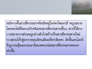 หลังจากนั้นสารสื่อประสาทที่เหลืออยู่ในช่องไซแนปส์ จะถูกสลาย
โดยเอนไซม์ที่เฉพาะกับชนิดของสารสื่อประสาทนั้นๆ สารที่ได้จาก
การสลายบางส่วนจะถูกนากลับไปสร้างเป็นสารสื่อประสาทใหม่
บางส่วนก็เข้าสู่ระบบหมุนเวียนเลือดเพื่อกาจัดออก ดังนั้นเดนไดรต์
จึงถูกกระตุ้นเฉพาะเวลาที่แอกซอนปล่อยสารสื่อประสาทออกมา
เท่านั้น
 