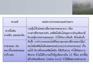 สารเคมี                       ผลต่อการถ่ายทอดกระแสประสาท
                   กระตุ้นให้ปล่อยสารสื่อประสาทออกมามาก เนื่อง
 สารนิโคติน
                   จากสารสื่อประสาทเช่น แอซิติลโคลีนไม่หลุดจากบริเวณซิแนปส์
คาเฟอีน แอมเฟตามีน
                   จึงกระตุ้นประสาทตลอดเวลา ทาให้เกิดการตื่นตัว หัวใจเต้นเร็ว
                   ยับยั้ง การทางานของเอนไซม์ที่จะมาสลายสารสื่อประสาทได้แก่
ยาฆ่าแมลง เช่น     เอนไซม์แอซิติลโคลีนเอสเทอเรส(acetylcholinesterase) เป็น
ออการ์โนฟอสเฟตและ ผลให้ มีการคั่งของแอซิติลโคลีน ที่ตัวรับต่างๆ ทาให้เกิดอาการ
คาร์บาเมท          อัมพาต ถ้าไม่ได้รับการแก้ไขที่ถูกต้องภายใน 24 ชั่วโมง สารนี้จะ
                   สร้างพันธะที่คงทน (stable bond) ทาให้เสียสภาพอย่างถาวร
 
