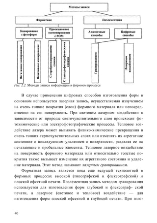 Рис. 2.2. Методы записи информации в формном процессе

    В случае применения цифровых способов изготовления форм в
основном используется лазерная запись, осуществляемая излучением
на очень тонкие покрытия (слои) формного материала или непосред-
ственно на его поверхность. При световом лазерном воздействии в
зависимости от природы светочувствительного слоя происходят фо-
тохимические или электрофотографические процессы. Тепловое воз-
действие лазера может вызывать физико-химические превращения в
очень тонких термочувствительных слоях или изменять их агрегатное
состояние с последующим удалением с поверхности, разделяя ее на
печатающие и пробельные элементы. Тепловое лазерное воздействие
на поверхность формного материала или относительно толстые по-
крытия также вызывает изменение их агрегатного состояния и удале-
ние материала. Этот метод называют лазерным гравированием.
    Форматная запись является пока еще ведущей технологией в
формных процессах высокой (типографской и флексографской) и
плоской офсетной печати. Поэлементная запись методом гравирования
используется для изготовления форм глубокой и флексограф- ской
печати, а лазерное (световое и тепловое) воздействие — для
изготовления форм плоской офсетной и глубокой печати. При изго-


40
 
