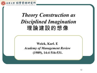 Theory Construction as Disciplined Imagination 理論建設的想像   Weick, Karl. E Academy of Management Review (1989), 14:4 516-531. 