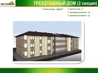 ТРЕХЭТАЖНЫЙ ДОМ (2 секции) ОБЩАЯ ПЛОЩАДЬ –  1864,8  М 2 КВАРТИР-СТУДИЙ  –  2 ДВУХКОМНАТНЫХ КВАРТИР  –  12 ОДНОКОМНАТНЫХ КВАРТИР  –  12 