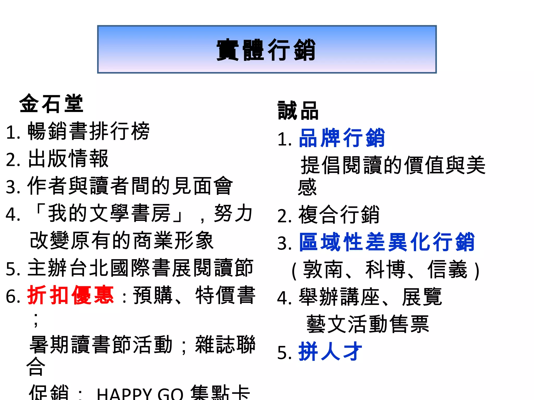 金石堂 1. 暢銷書排行榜   2. 出版情報 3. 作者與讀者間的見面會 4. 「我的文學書房」，努力 改變原有的商業形象   5. 主辦台北國際書展閱讀節   6. 折扣優惠 : 預購、特價書； 暑期讀書節活動；雜誌聯合 促銷； HAPPY GO 集點卡 7. 主題書展：例 母親節 8. 跨足領域 - 文具專賣店成立 誠品 1. 品牌行銷 提倡閱讀的價值與美感 2. 複合行銷 3. 區域性差異化行銷 ( 敦南、科博、信義 ) 4. 舉辦講座、展覽 藝文活動售票 5. 拼人才   實體 行銷 