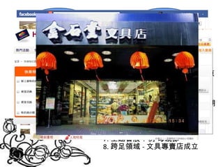 1. 網路書店 2 . 會員電子報 3. FACE BOOK 粉絲團 4. Plurk （噗浪） 1. 暢銷書排行榜   2. 出版情報 3. 作者與讀者間的見面會 4. 「我的文學書房」，努力改變原 有的商業形象   5. 主辦台北國際書展閱讀節   6. 折扣優惠 : 預購、特價書；暑期讀 書節活動；雜誌聯合促   銷； HAPPY GO 集點卡 7. 主題書展：例 母親節 8. 跨足領域 - 文具專賣店成立 網路行銷 實體 行銷 