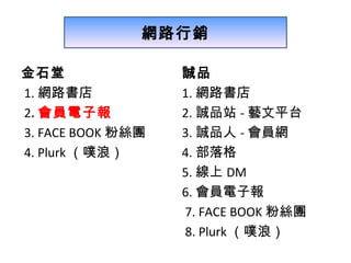 金石堂 1. 網路書店 2 . 會員電子報 3. FACE BOOK 粉絲團 4. Plurk （噗浪） 誠品 1. 網路書店 2. 誠品站 - 藝文平台 3. 誠品人 - 會員網 4. 部落格 5. 線上 DM 6. 會員電子報 7. FACE BOOK 粉絲團 8. Plurk （噗浪） 網路行銷 