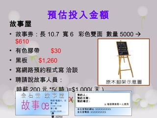 預估投入金額 故事屋 故事劵：長 10.7  寬 6  彩色雙面  數量 5000     $610 有色膠帶     $30 黑板     $1,260 寫網路預約程式   洽談 聘請說故事人員： 時薪 200 元 *5( 時 )=$1,000( 天 ) 1,000*8( 天 )= $8,000 ( 月 ) 序號 :12314 金石堂 故事屋 時段”每週六、日 第一場 : 13:00~15:00 第二場 : 16:00~18:00 故事劵 金石堂預約網址 :XXXXXXXXX 金石堂電話 :XXXXXXXXX 預約人 : 預約日期 : 預約場次 : ※ 每張票劵限一人使用 