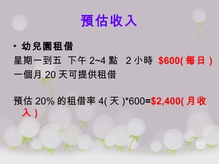 預估收入 幼兒園租借 星期一到五  下午 2~4 點  2 小時  $600( 每日 ) 一個月 20 天可提供租借 預估 20% 的租借率 4( 天 )*600 = $2,400( 月收入 ) 