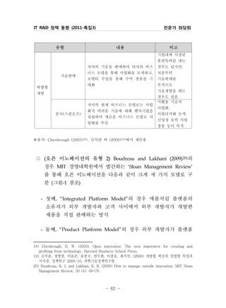 IT R&D 정책 동향 (2011-특집3)                                                 전문가 좌담회



            유형                                내용                           비고
                                                                     기업내에 사장된
                                                                     휴면특허를 파는
                              자사의 기술을 판매하여 타사의 비즈                    경우도 있지만,
                              니스 모델을 통해 사업화를 모색하고,                   처음부터
               기술판매
                              로열티 수입을 통해 수익 창출을 극                    기술판매를
                              대화                                     목적으로
 외향형
                                                                     기술개발을 하는
 개방
                                                                     경우도 있음
                                                                     미활용 기술의
                              자사의 현재 비즈니스 모델로는 사업
                                                                     사업화,
                              화가 어려운 기술에 대해 벤처기업을
            분사(스핀오프)                                                 사업다각화 모색,
                              설립하여 새로운 비즈니스 모델로 사
                                                                     신성장 동력 사업
                              업화를 추진
                                                                     창출 등이 목적


※출처: Chesbrough (2003)18), 김석관 외 (2008)19)에서 재인용




 ○ 오픈 이노베이션의 유형 Boudreau and Lakhani (2009)20)의
        (                               2)


   경우 MIT 경영대학원에서 발간하는 ‘Sloan Management Review'
   를 통해 오픈 이노베이션을 다음과 같이 크게 세 가지 모델로 구
   분 (그림-1 참조)
    - 첫째, “Integrated Platform Model”의 경우 애플처럼 플랫폼의
      소유자가 외부 개발자와 고객 사이에서 외부 개발자가 개발한
      제품을 직접 판매하는 방식
    - 둘째, “Product Platform Model”의 경우 외부 개발자가 플랫폼

18) Chesbrough, H. W. (2003). Open innovation: The new imperative for creating and
   profiting from technology. Harvard Business School Press.
19) 김석관, 장병열, 이윤준, 송종국, 안두현, 이광호, 최지선. (2008) 개방형 혁신의 산업별 특성과
   시사점. 정책연구 2008-10, 과학기술정책연구원.
20) Boudreau, K. J. and Lakhani, K. R. (2009) How to manage outside innovation. MIT Sloan
   Management Review, 50 (4): 68-76.



                                        - 62 -
 
