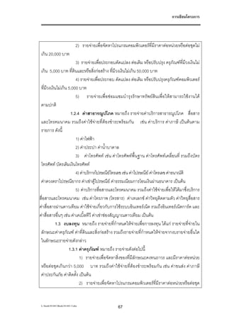 การเขียนโครงการ




                             2) รายจายเพื่อจัดหาโปรแกรมคอมพิวเตอรที่มีราคาตอหนวยหรือตอชุดไม
 เกิน 20,000 บาท
                        3) รายจายเพื่อประกอบดัดแปลง ตอเติม หรือปรับปรุง ครุภัณฑที่มีวงเงินไม
 เกิน 5,000 บาท ที่ดินและหรือสิ่งกอสราง ที่มีวงเงินไมเกิน 50,000 บาท
                        4) รายจายเพื่อประกอบ ดัดแปลง ตอเติม หรือปรับปรุงครุภัณฑคอมพิวเตอร
 ที่มีวงเงินไมเกิน 5,000 บาท
                        5) รายจายเพื่อซอมแซมบํารุงรักษาทรัพยสินเพื่อใหสามารถใชงานได
 ตามปกติ
                     1.2.4 คาสาธารณูปโภค หมายถึง รายจายคาบริการสาธารณูปโภค สื่อสาร
 และโทรคมนาคม รวมถึงคาใชจายที่ตองชําระพรอมกัน เชน คาบริการ คาภาษี เปนตนตาม
 รายการ ดังนี้
                        1) คาไฟฟา
                        2) คาประปา คาน้ําบาดาล
                        3) คาโทรศัพท เชน คาโทรศัพทพื้นฐาน คาโทรศัพทเคลื่อนที่ รวมถึงบัตร
 โทรศัพท บัตรเติมเงินโทรศัพท
                        4) คาบริการไปรษณียโทรเลข เชน คาไปรษณีย คาโทรเลข คาธนาณัติ
 คาดวงตราไปรษณียากร คาเชาตูไปรษณีย คาธรรมเนียมการโอนเงินผานธนาคาร เปนตน
                        5) คาบริการสื่อสารและโทรคมนาคม รวมถึงคาใชจายเพื่อใหไดมาซึ่งบริการ
สื่อสารและโทรคมนาคม เชน คาโทรภาพ (โทรสาร) คาเทเลกซ คาวิทยุติดตามตัว คาวิทยุสื่อสาร
คาสื่อสารผานดาวเทียม คาใชจายเกี่ยวกับการใชระบบอินเทอรเน็ต รวมถึงอินเทอรเน็ตการด และ
คาสื่อสารอื่นๆ เชน คาเคเบิ้ลทีวี คาเชาชองสัญญาณดาวเทียม เปนตน
           1.3 งบลงทุน หมายถึง รายจายที่กําหนดใหจายเพื่อการลงทุน ไดแก รายจายที่จายใน
 ลักษณะคาครุภัณฑ คาที่ดินและสิ่งกอสราง รวมถึงรายจายที่กําหนดใหจายจากงบรายจายอื่นใด
 ในลักษณะรายจายดังกลาว
                    1.3.1 คาครุภณฑ หมายถึง รายจายดังตอไปนี้
                                    ั
                          1) รายจายเพื่อจัดหาสิ่งของที่มีลักษณะคงทนถาวร และมีราคาตอหนวย
 หรือตอชุดเกินกวา 5,000 บาท รวมถึงคาใชจายที่ตองชําระพรอมกัน เชน คาขนสง คาภาษี
 คาประกันภัย คาติดตั้ง เปนตน
                          2) รายจายเพื่อจัดหาโปรแกรมคอมพิวเตอรที่มีราคาตอหนวยหรือตอชุด


 L:book181441Book181441-3.doc                     67
 